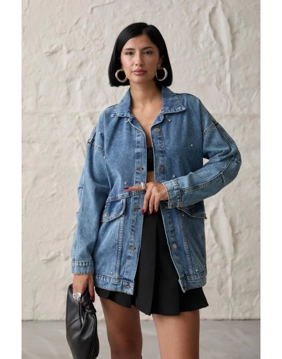 Mavi Taşlı Kot Ceket