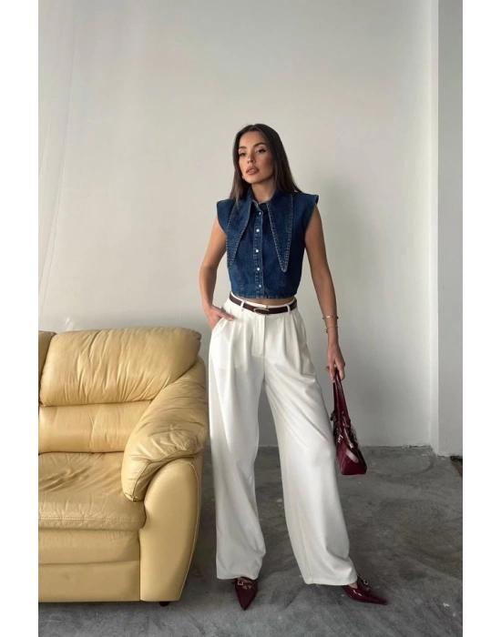 Mavi Yaka Detaylı Denim Crop