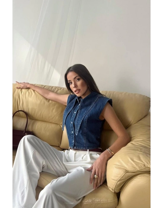 Mavi Yaka Detaylı Denim Crop