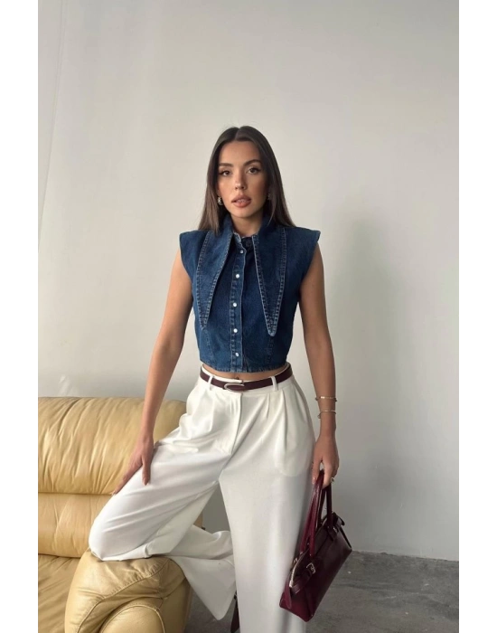 Mavi Yaka Detaylı Denim Crop