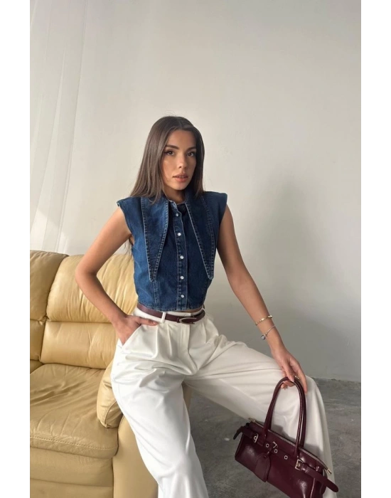 Mavi Yaka Detaylı Denim Crop