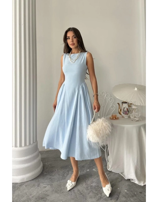 Mavi Yanları Büzgülü Midi Boy Keten Elbise