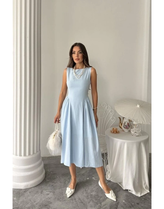 Mavi Yanları Büzgülü Midi Boy Keten Elbise