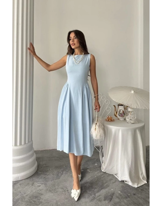 Mavi Yanları Büzgülü Midi Boy Keten Elbise