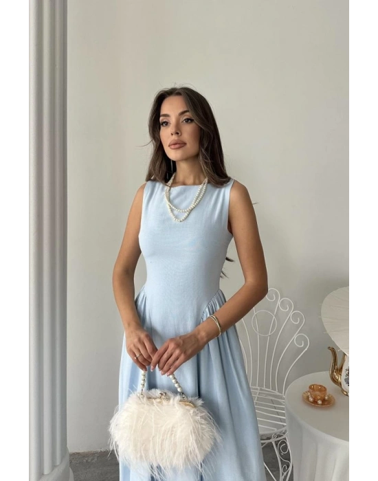 Mavi Yanları Büzgülü Midi Boy Keten Elbise