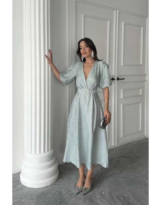 int Işıltılı Kemerli Kruvaze Elbise