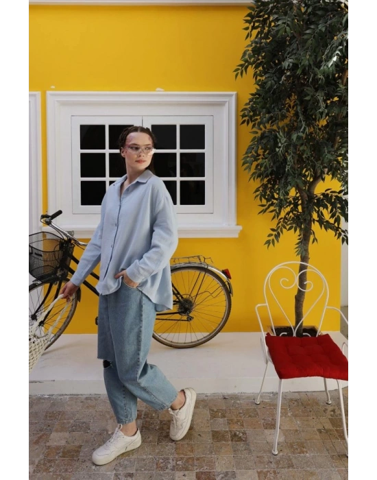 Müslin Uzun Kol Gömlek  Bebe Mavisi