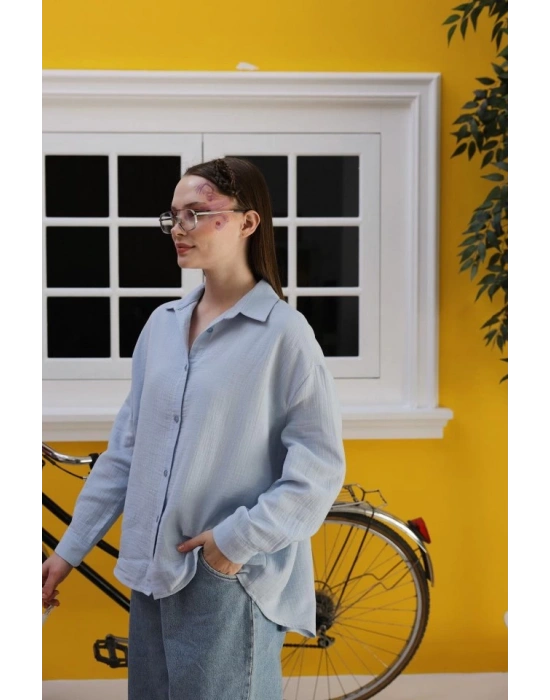 Müslin Uzun Kol Gömlek  Bebe Mavisi