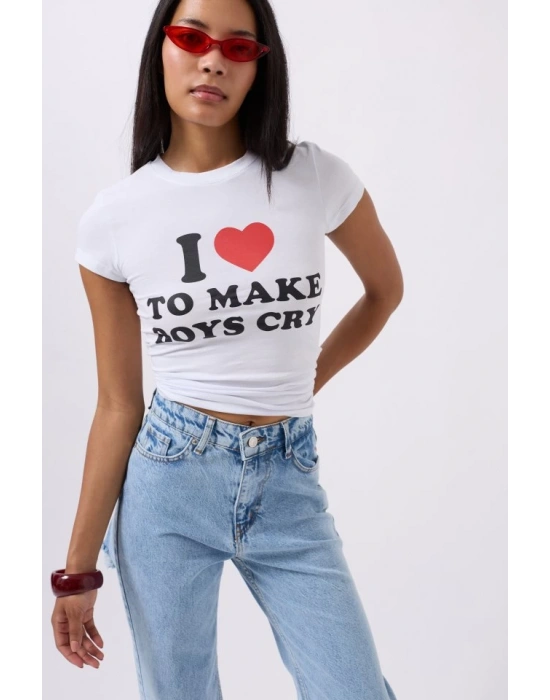 Nakış Detay Baskılı Crop TShirt