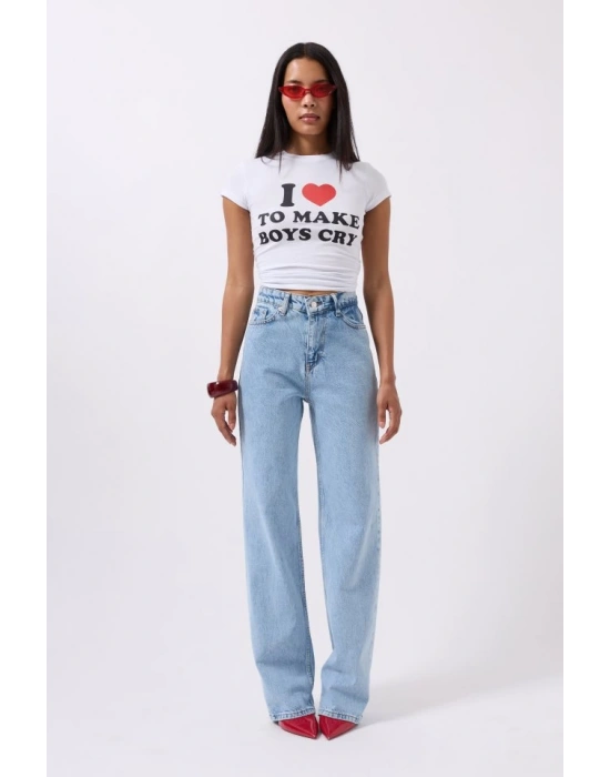 Nakış Detay Baskılı Crop TShirt