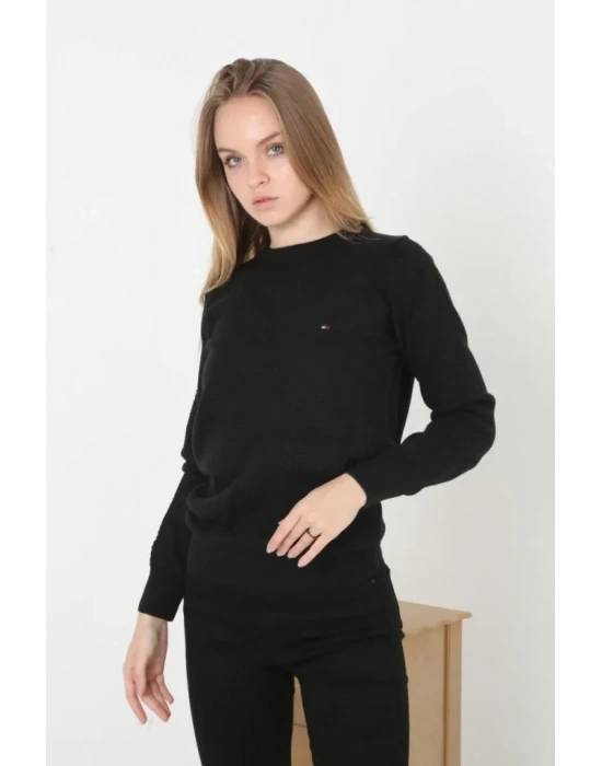 Nakış İşlemeli Peteli Triko Kazak  iyah