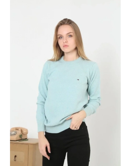 Nakış İşlemeli Peteli Triko Kazak  Mavi