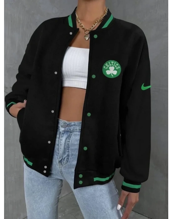 Nakışlı Dijital ırt Baskılı Üç İplik Oversize Kolej Ceket  iyah