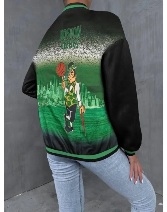 Nakışlı Dijital ırt Baskılı Üç İplik Oversize Kolej Ceket  iyah