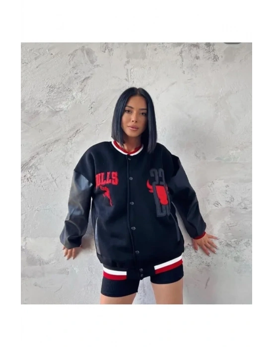 Nakışlı Kolları Deri Oversize Kolej Ceket  iyah