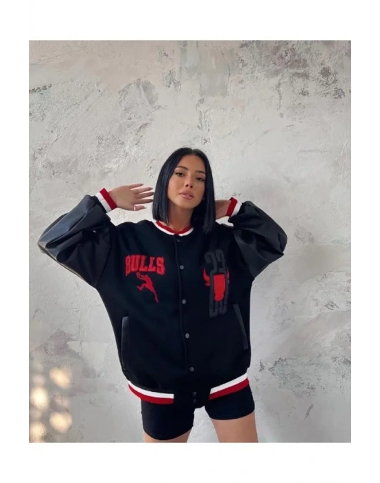 Nakışlı Kolları Deri Oversize Kolej Ceket  iyah