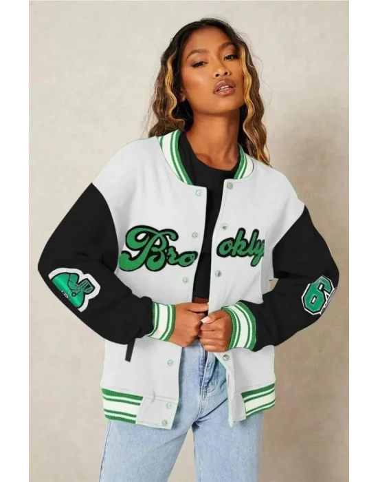 Nakışlı Oversize Kolej Ceket  Beyaz