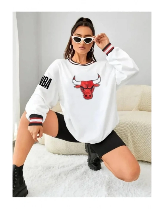 Nakışlı Oversize Sweatshirt  Beyaz