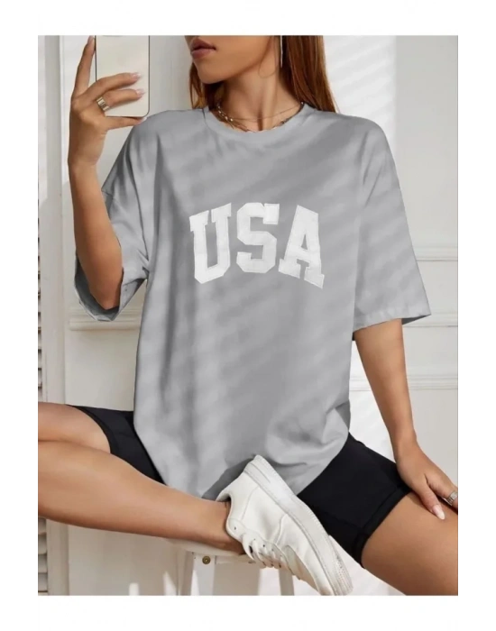 Nakışlı Oversize Thirt  Gri