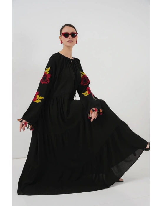 Nakışlı Uzun Elbise 2534  Siyah