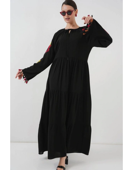 Nakışlı Uzun Elbise 2534  Siyah