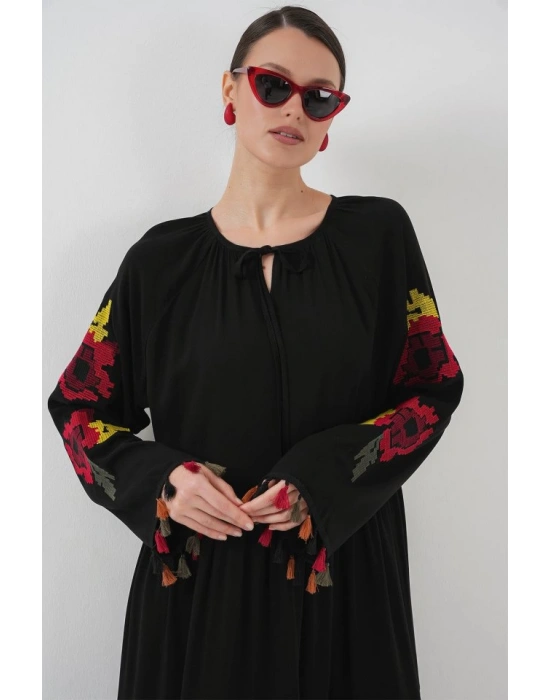 Nakışlı Uzun Elbise 2534  Siyah