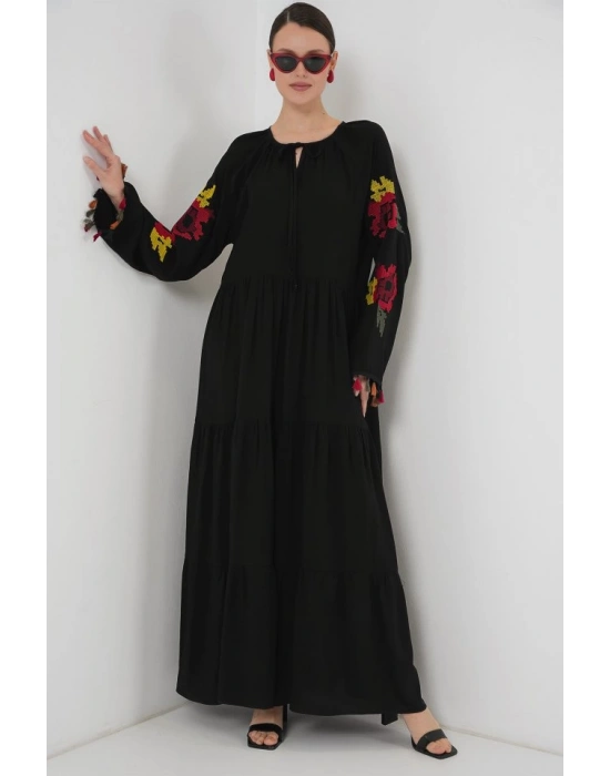 Nakışlı Uzun Elbise 2534  Siyah