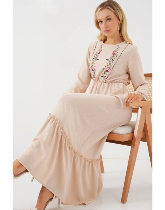 Nakışlı Uzun Tesettür Elbise 2550  Krem