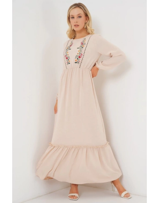 Nakışlı Uzun Tesettür Elbise 2550  Krem