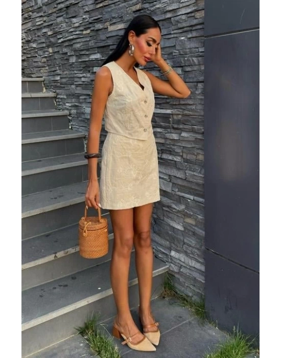 Nakışlı Yelek Şort Etekli Keten Takım 1022608