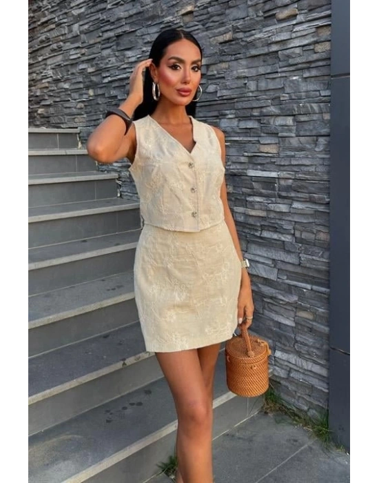 Nakışlı Yelek Şort Etekli Keten Takım 1022608