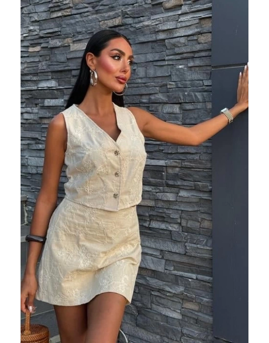 Nakışlı Yelek Şort Etekli Keten Takım 1022608