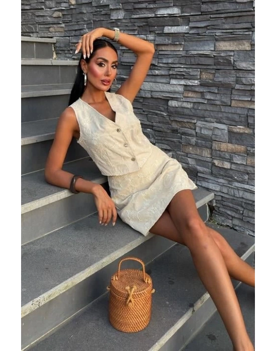 Nakışlı Yelek Şort Etekli Keten Takım 1022608