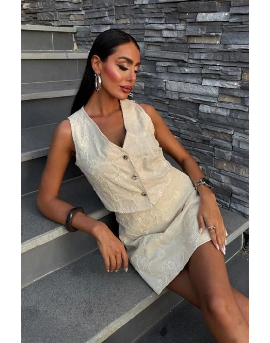 Nakışlı Yelek Şort Etekli Keten Takım 1022608