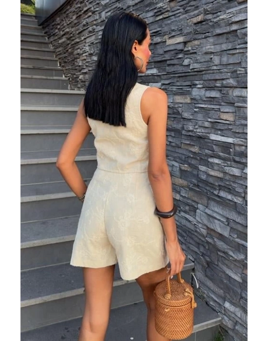 Nakışlı Yelek Şort Etekli Keten Takım 1022608