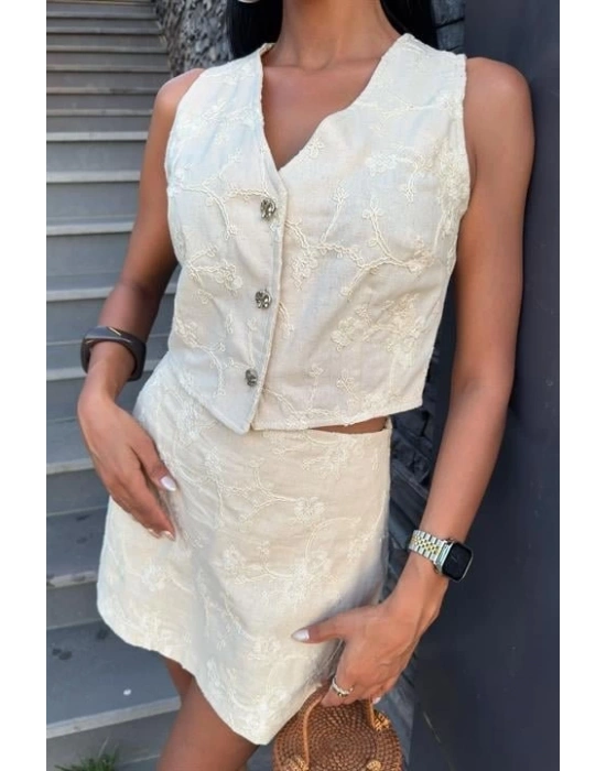 Nakışlı Yelek Şort Etekli Keten Takım 1022608