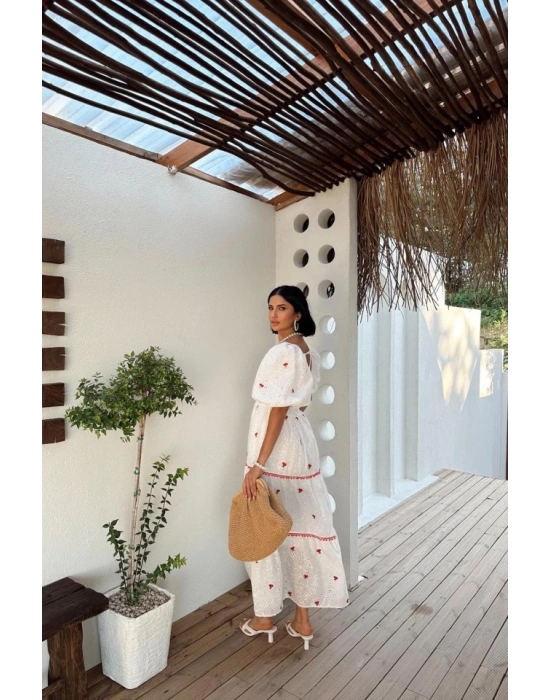 Nar Çiçeği Dantel Detaylı Brode Elbise