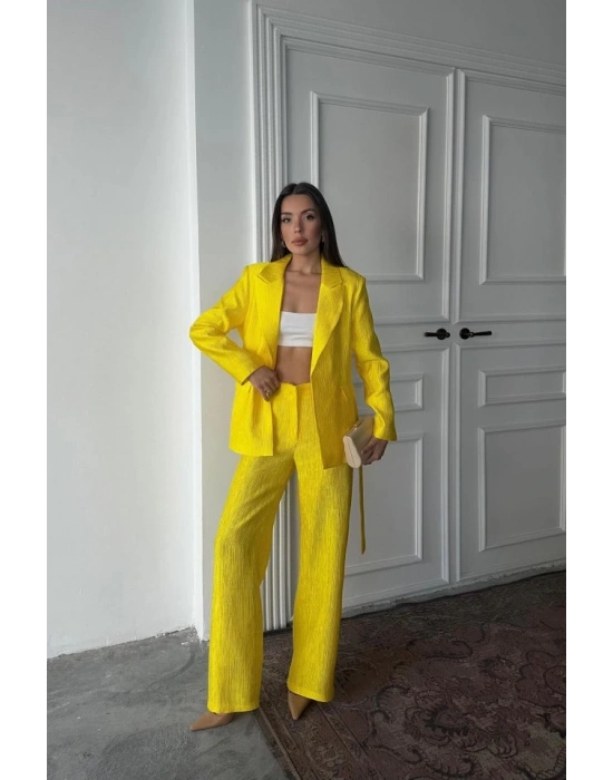 Neon Beli Kuşaklı Ceket Ve Pantolon Parlak Takım