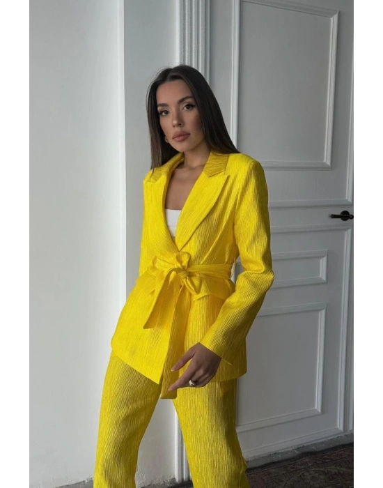 Neon Beli Kuşaklı Ceket Ve Pantolon Parlak Takım