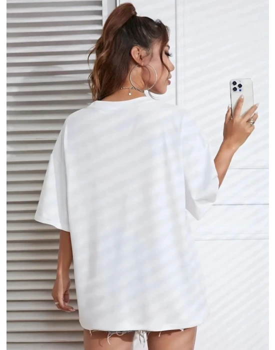 New York Baskılı Oversize Bisiklet Yaka Tshirt  Beyaz