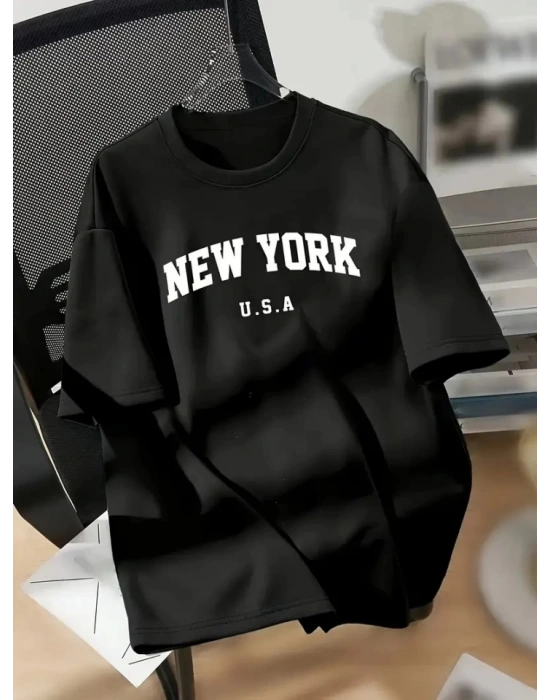 New York Baskılı Oversize Bisiklet Yaka Tshirt  iyah