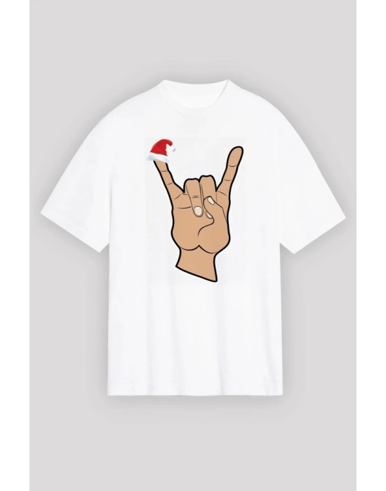 Noel Başlıklı erçe Parmak Tshirt  Beyaz