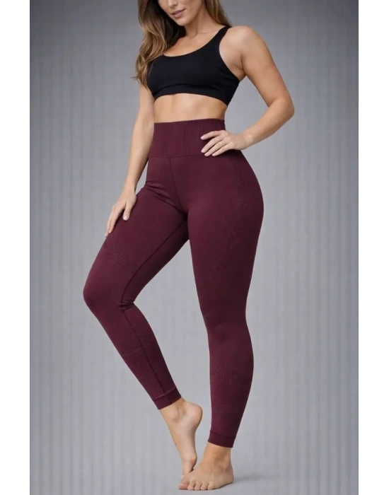 Nonofit Yüksek Bel Full Extra Toparlayıcı Likralı Ön Arka Ve Bilek Desenli Tayt  Bordo