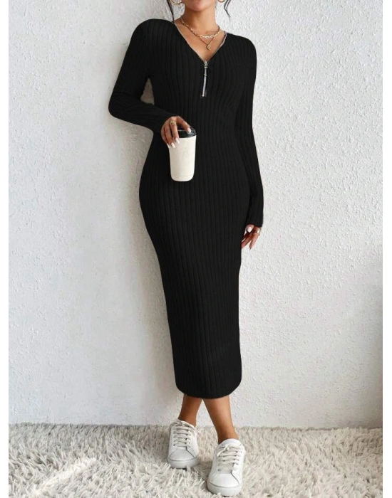 OKadın Uzun Kollu Fermuar Detay Fitilli Kaşkorse Kumaş Maxi Boy Elbise