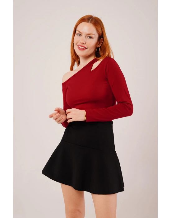 Omuz Dekolte Detaylı Bordo Bluz