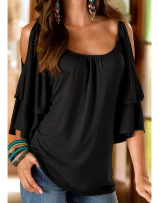 Omuz Detay Kolları Katmanlı Viskon Kumaş Bluz