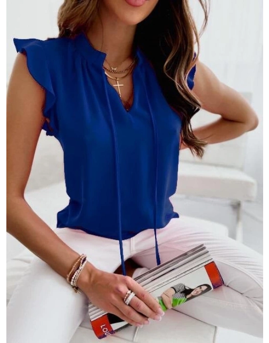 Omuz Detaylı Yakası Bağcıklı PamukPolyester Kumaş Bluz