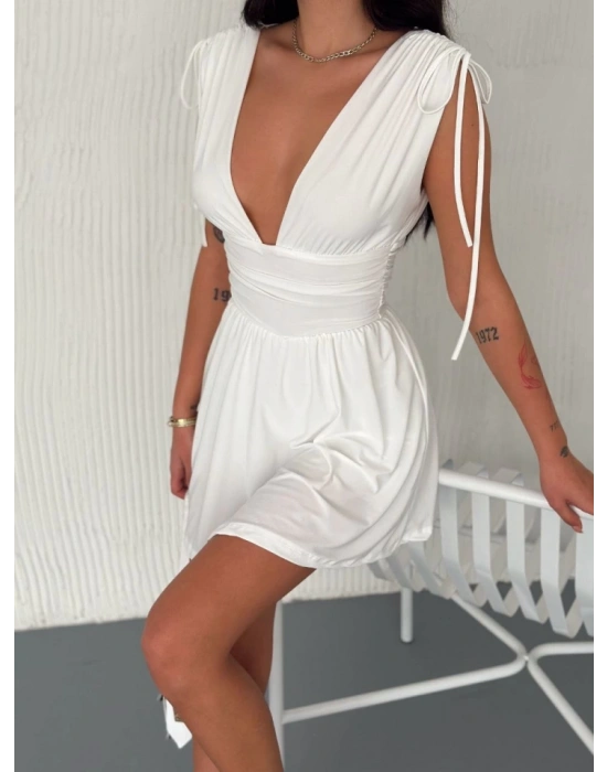 Omuzu Ip Askılı Şortlu Elbise  Beyaz