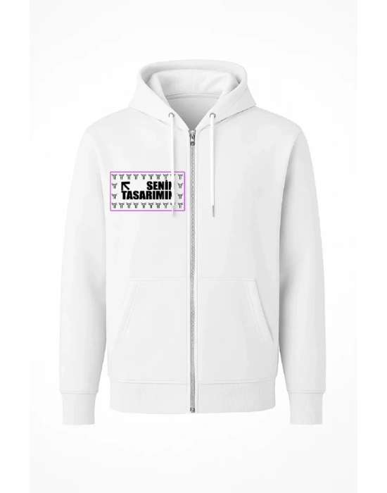 Ön Arka Tam Fermuarlı Kapüşonlu weathirt  Beyaz
