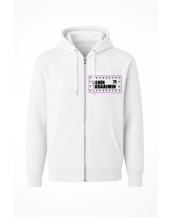Ön Arka Tam Fermuarlı Kapüşonlu weathirt  Beyaz